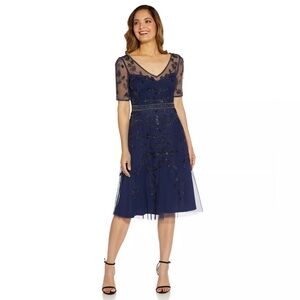Adriana Papell Beaded V Neck Midi Dress